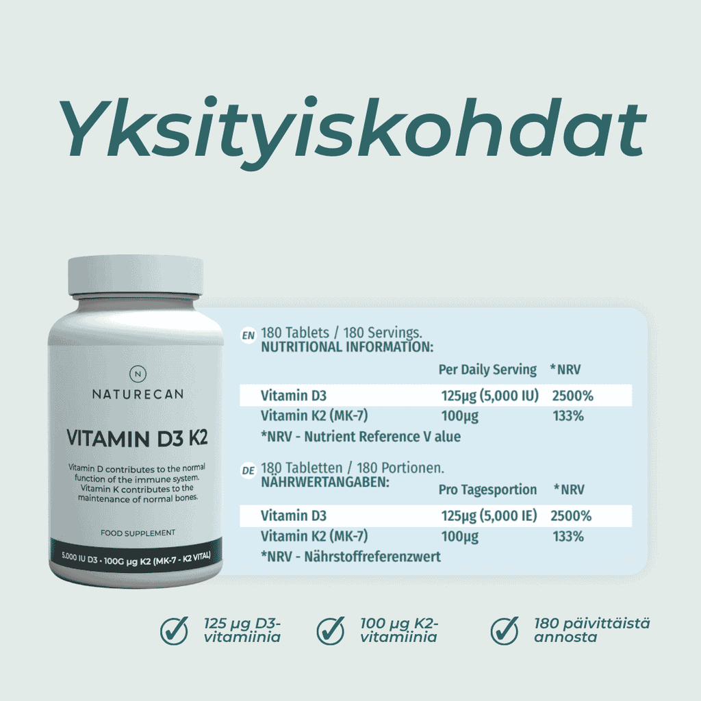 yksityiskohdat D3 & K2-vitamiini