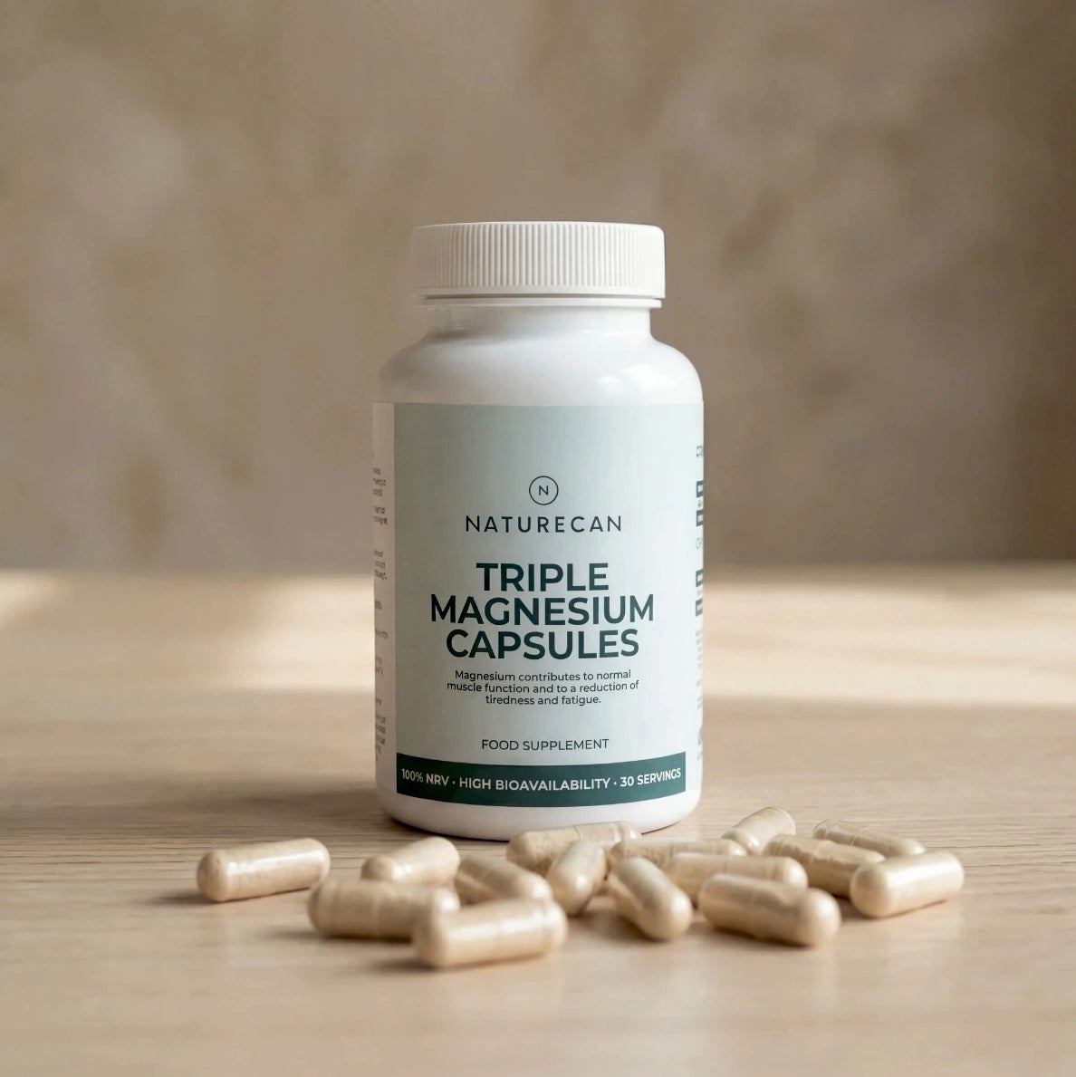 Magnesium Glysinaatti kapselit pöydällä